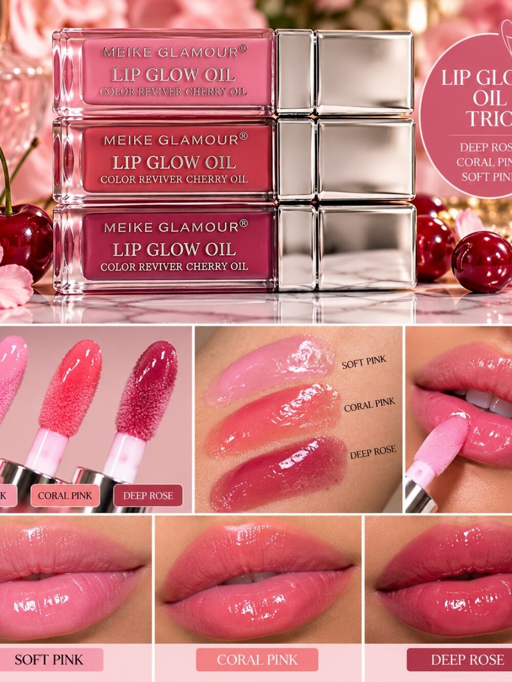 Glamour Lip Glow Oil Trio - Deep Rose, Coral Pink & Soft Pink